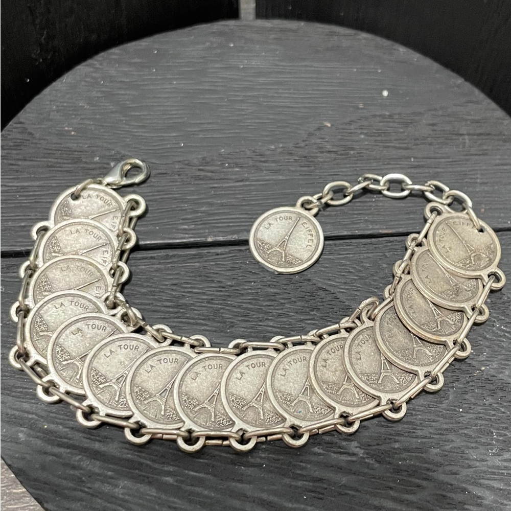 Vintage silver tone Paris France Souvenir coin bracelet 6.5-8” Eiffel Tower